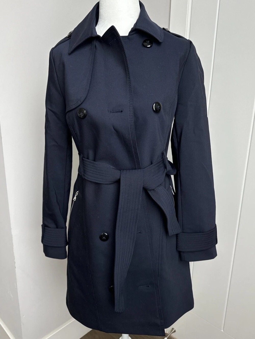 Express Navy Double-Breasted Trench Coat with Belt Size M